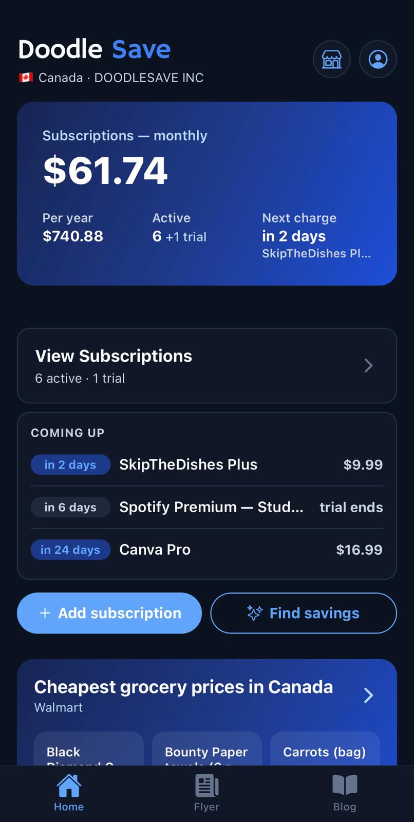 Doodle Save app in dark mode, showing tracked subscriptions and upcoming renewals