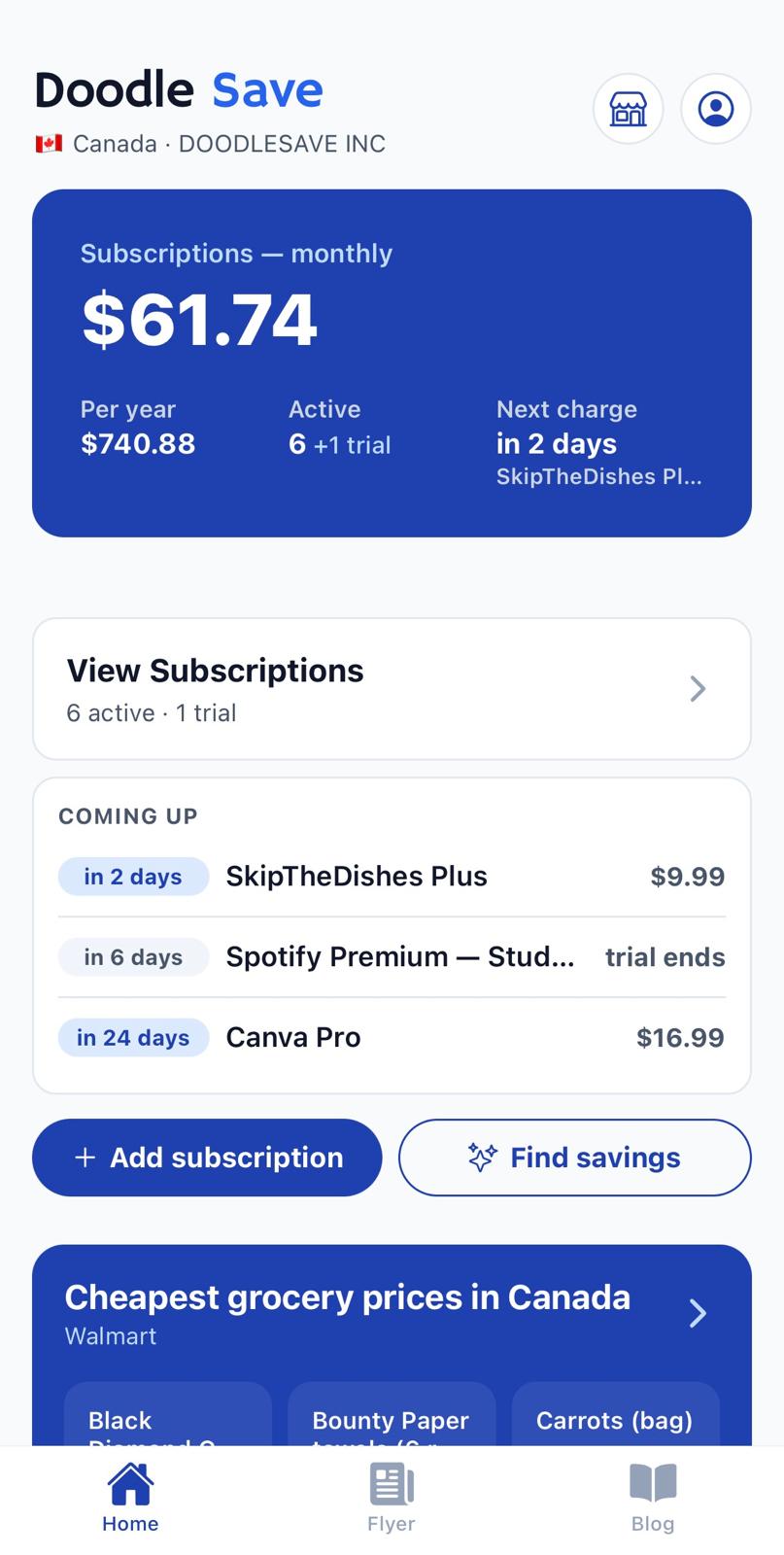 Doodle Save app showing tracked subscriptions and upcoming renewals