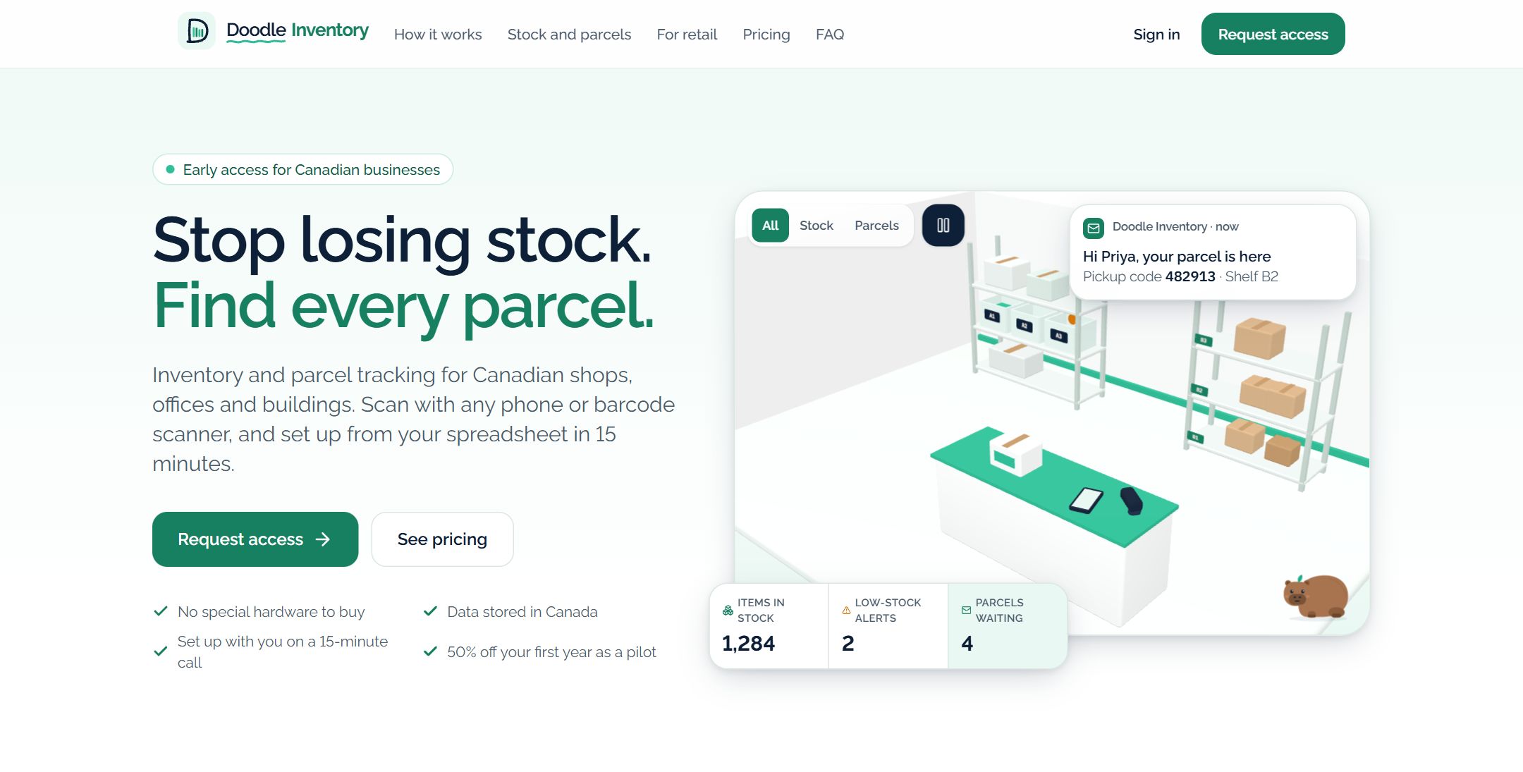 Doodle Inventory home page with a 3D stockroom, live stock totals and a parcel pickup notification