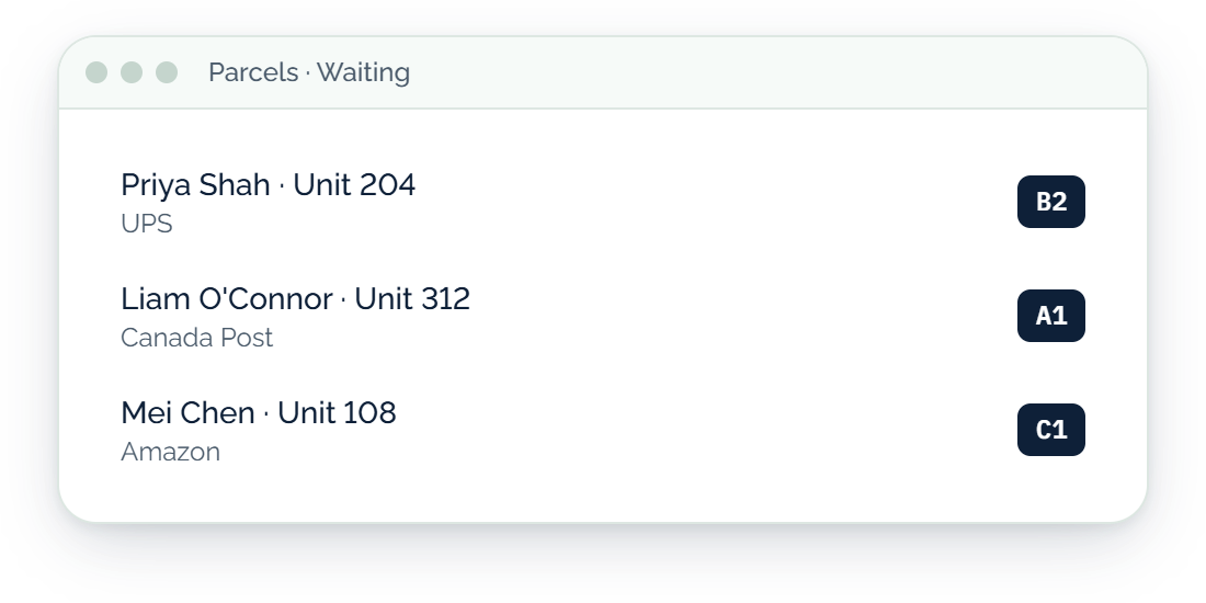 Parcels waiting list showing residents, carriers and shelf codes
