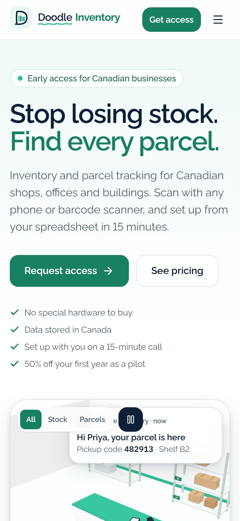 Doodle Inventory home page on a phone: stop losing stock, find every parcel