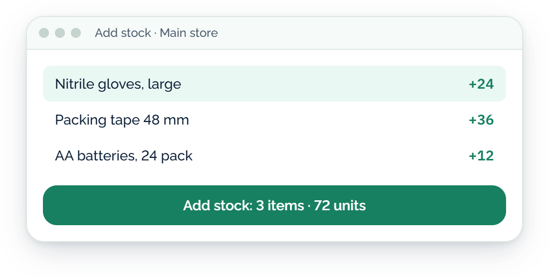 Add stock screen with three scanned items and an Add stock button