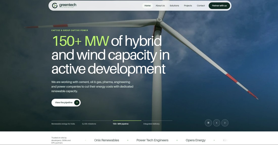 Greentech Future Energy website homepage: 150+ MW of hybrid and wind capacity in active development