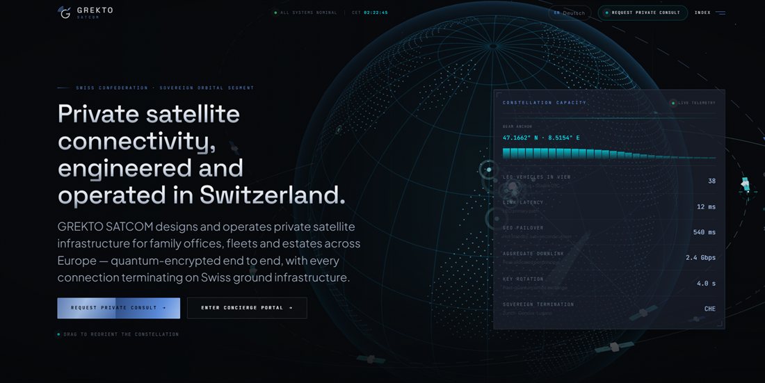 GREKTO SATCOM concept site opening screen